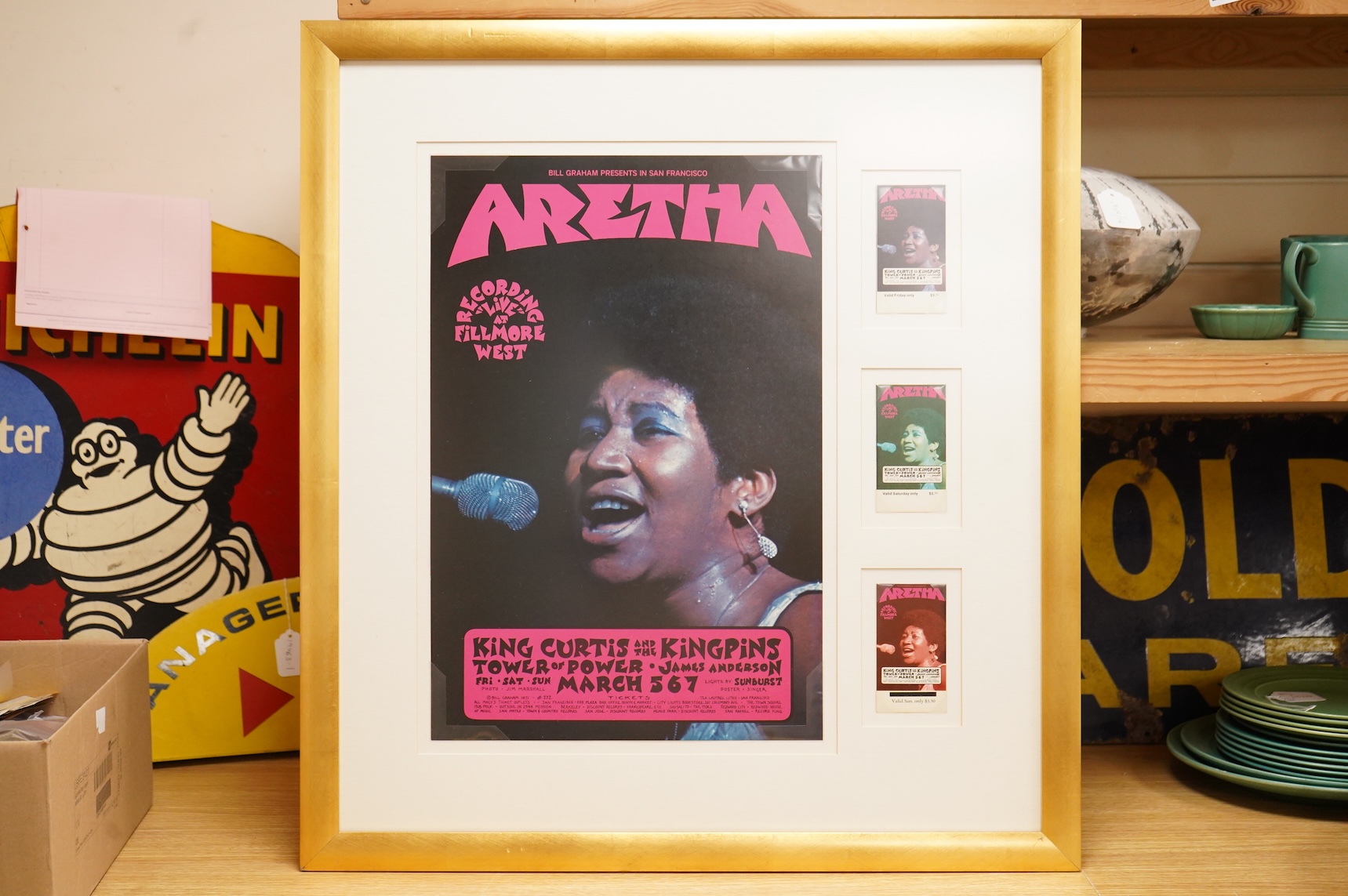 Aretha Franklin interest; a framed poster promoting the live recording of the concert at Fillmore West, March 1971, issued by the promoter Bill Graham, framed together with the tickets for each of the three nights of the